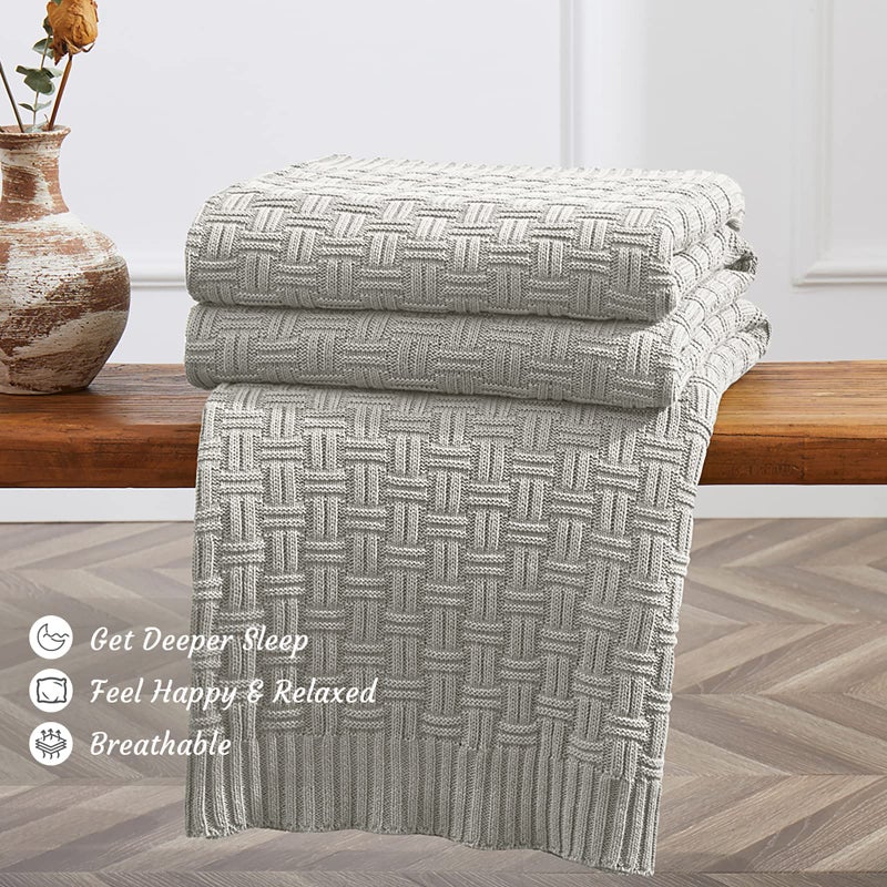 TREELY 100% Cotton Knitted Throw Blanket Couch Cover Blanket(50 x 60 Inches, Light Grey) - Image 3